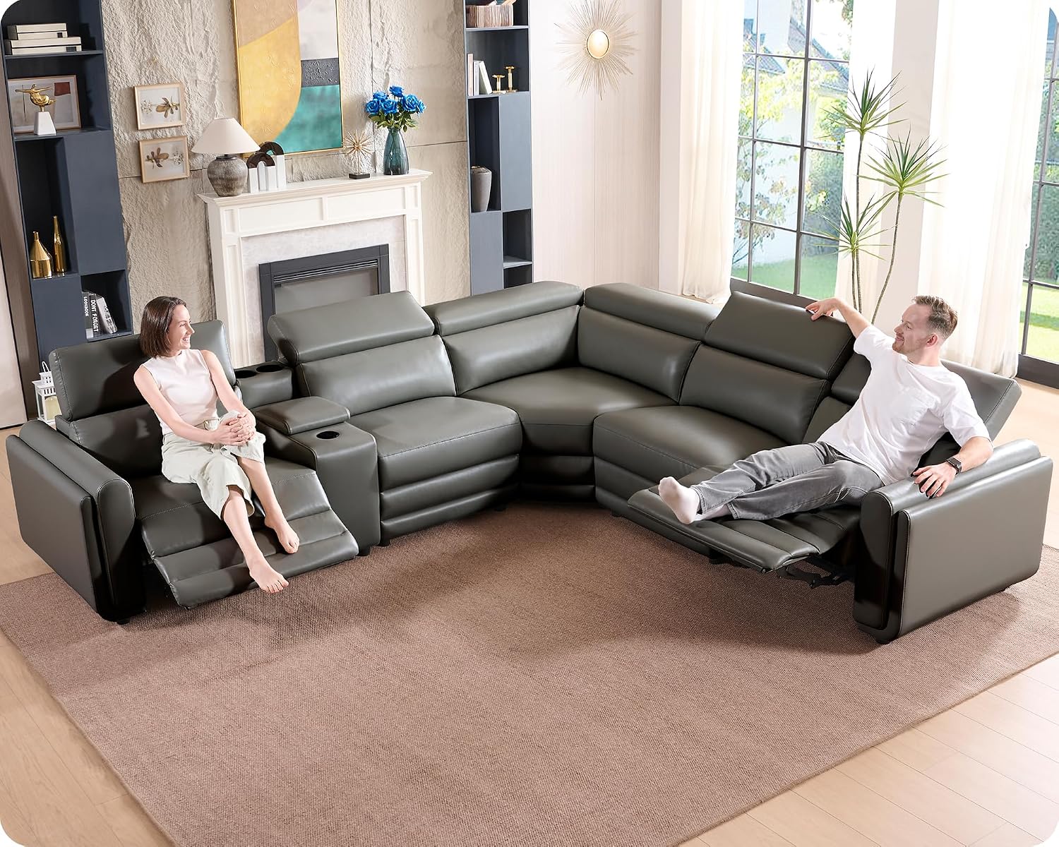 Amerlife Power Recliner Sectional Sofa, Reclining Sofa with Storage/USB Port, Leather Recliner Sofa with Adjustable Headrest, 5 Seats Reclining Sectional Couches with Console and Cup Holder, Dark Grey