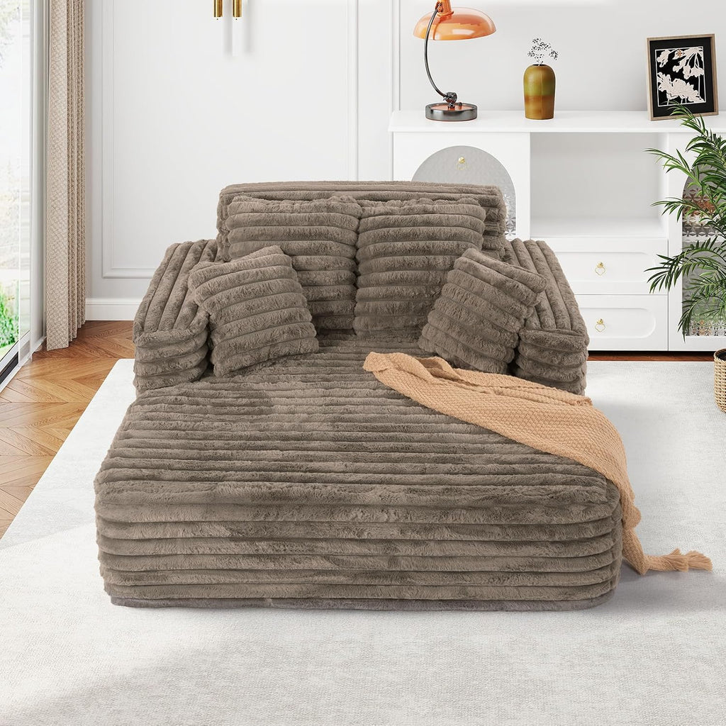 JEEOHEY 56' Oversized Chaise Lounge Chair Indoor,Plush Faux Fur Sleeper Sofa Couch Bed with Pillows&Wide Armrests,Fluffy Comfy Cloud Couch,Compression Foam Couch for Living Room,Bedroom(Brown)