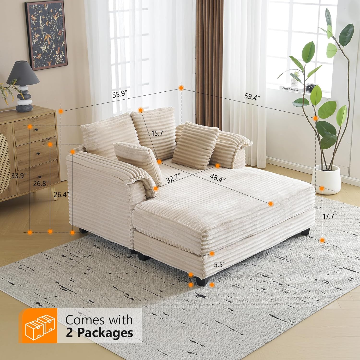 VINGLI 56' Oversized Chaise Lounge Chair, Beige Comfy Corduroy Chaise Sofa Recliner Bed Upholstered Sleeper Couch Bed with Throw Pillows and Armrests for Living Room, Movie Room, Bedroom