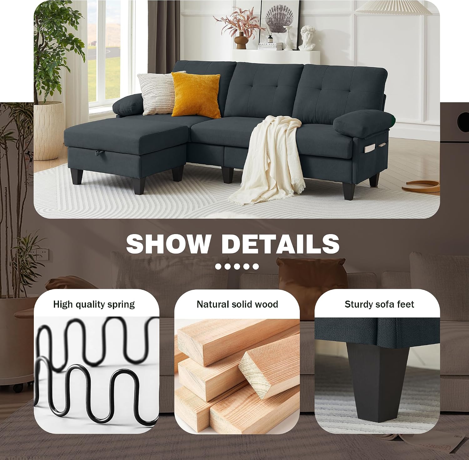 84' Sectional Sofa with Chaise, L Shape 3-Seat Couch with Storage Movable Ottoman, Polyster Fabric for Living Room,Apartment and Small Space, Dark Grey