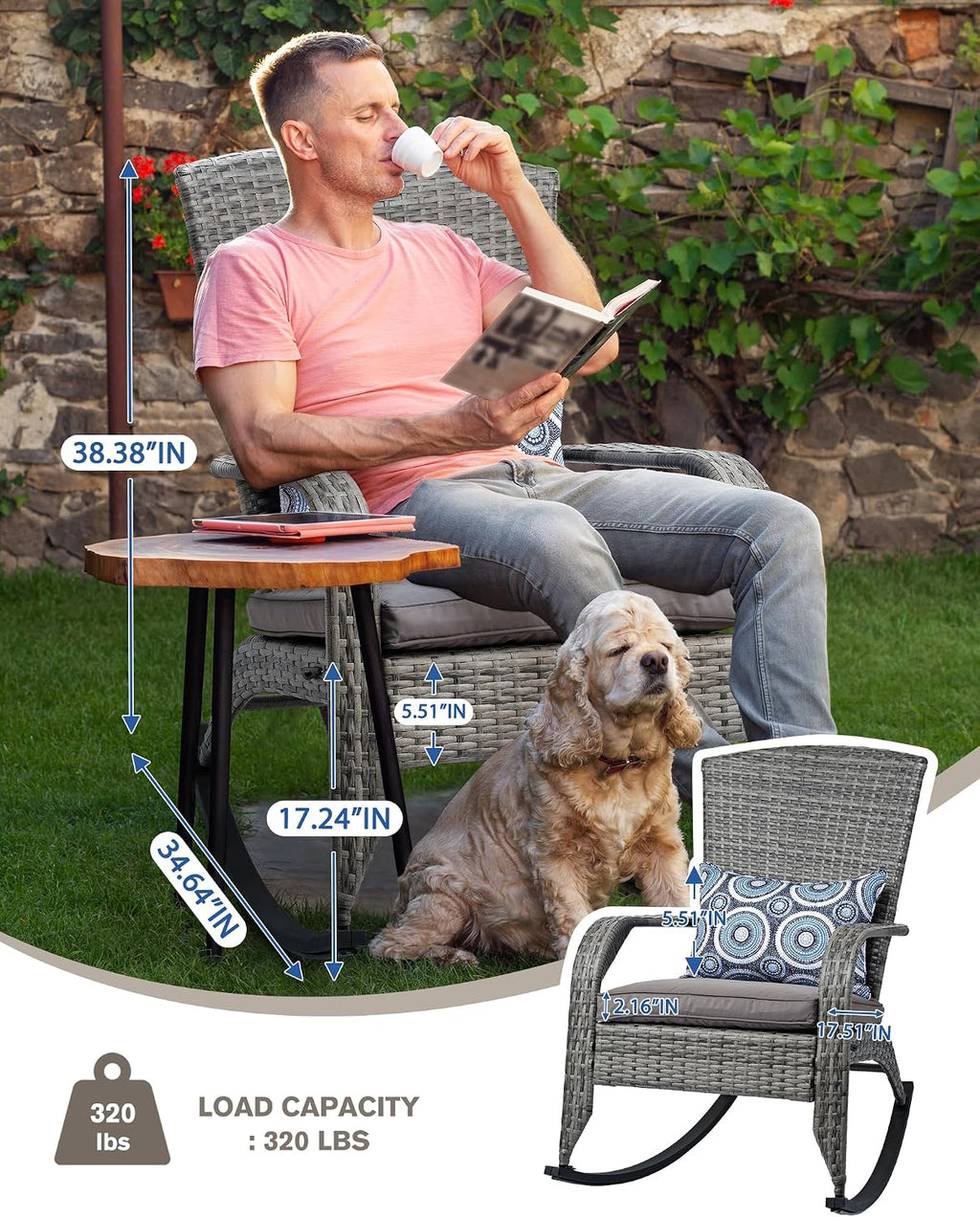 Outdoor Rocking Chairs Set of 2, Patio Rocker Chairs with Cushions & Steel Frame, All Weather Porch Rocking Chairs for Garden, Backyard, Poolside (Grey Rattan & Grey Cushion & Circle Pillow)