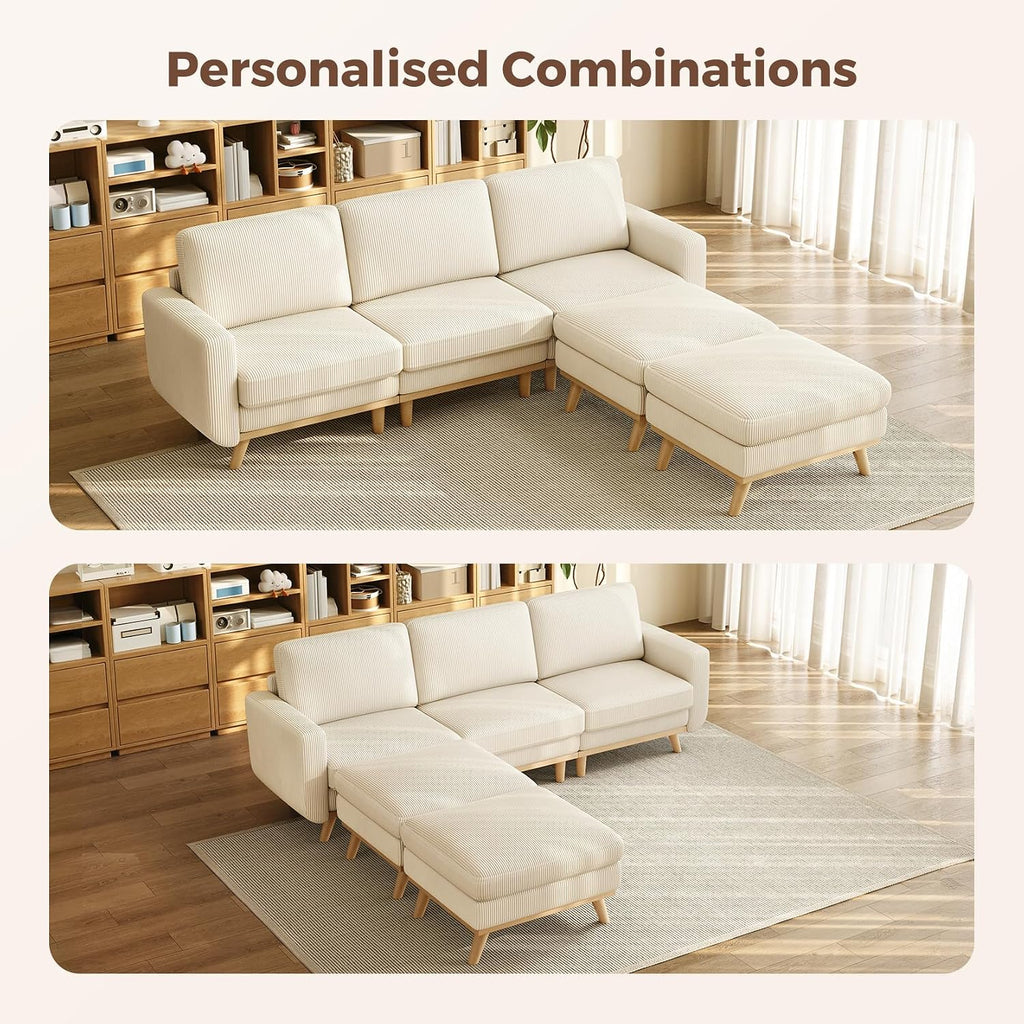 Vesgantti 97' Modular Sectional Sofa Beige, U-Shaped Couch with Movable Ottoman, Comfy Corduroy Couch with Spring Cushion, Modular Sofa with Deep Seat for Living Room, Bedroom and Apartment