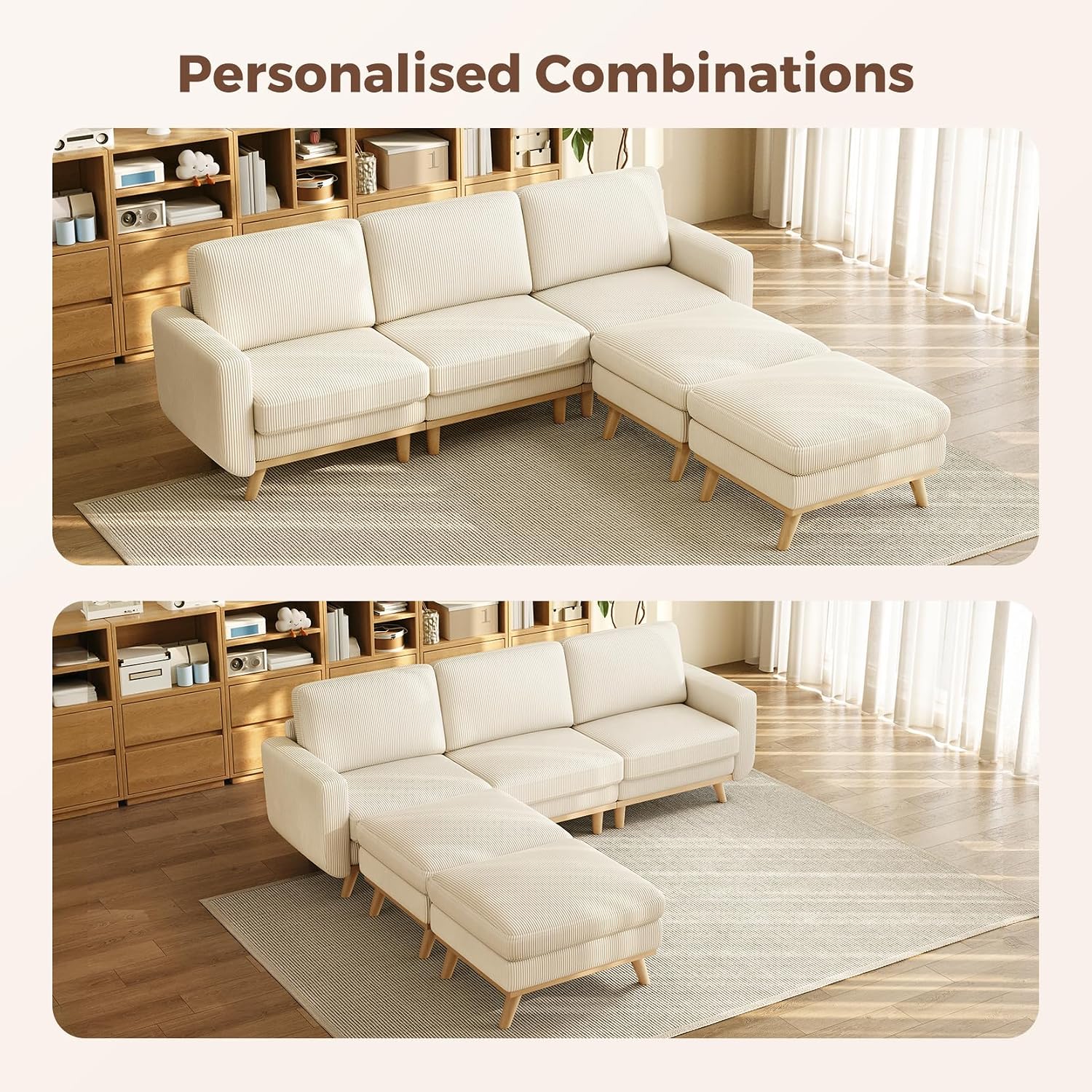 Vesgantti 97' Modular Sectional Sofa Beige, U-Shaped Couch with Movable Ottoman, Comfy Corduroy Couch with Spring Cushion, Modular Sofa with Deep Seat for Living Room, Bedroom and Apartment