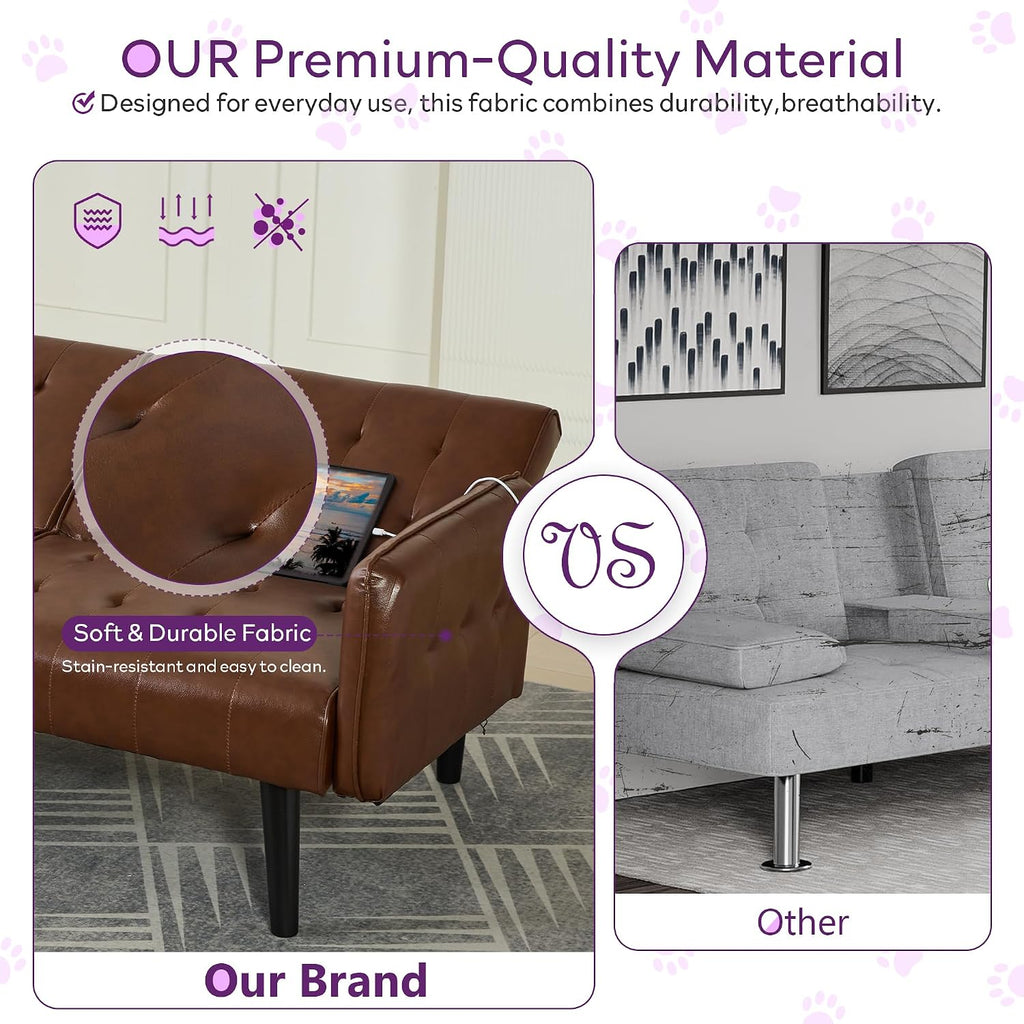 TYBOATLE 65' Convertible Futon Sofa Bed w/ 2 USB,Tufted Small Adjustable Folding Couch Loveseat, Modern Mid Century Faux Leather Sleeper Sofa for Living Room, Bedroom,Office, Brown