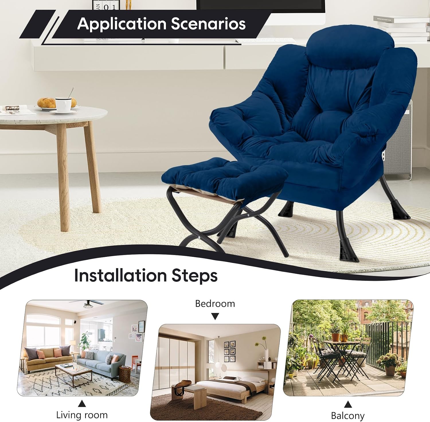 Lazy Chair with Folding Ottoman Modern Large Accent Chair,Contemporary Lounge Leisure Sofa Chair with Armrests Upholstered Sofa Armchair Reading Chair for Bedroom,Dorm & Office(Navy-f)
