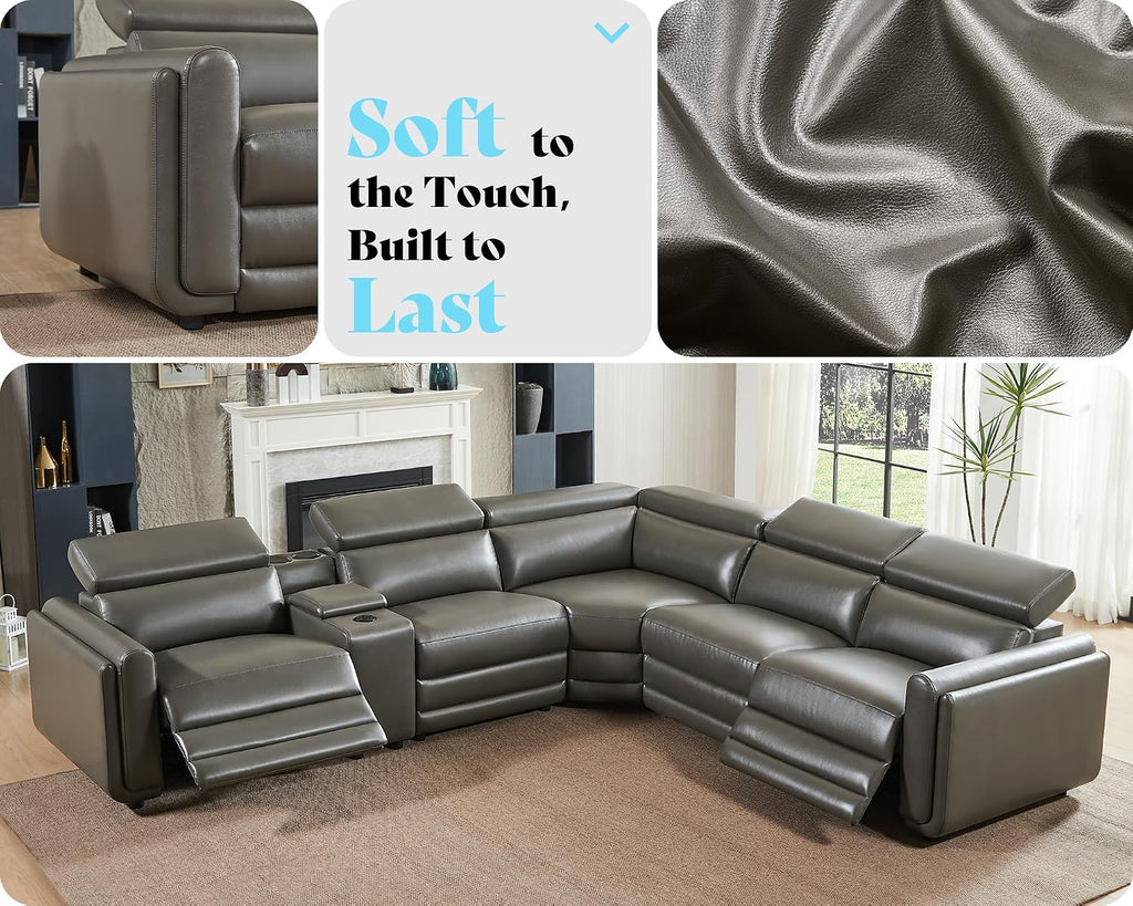 Amerlife Power Recliner Sectional Sofa, Reclining Sofa with Storage/USB Port, Leather Recliner Sofa with Adjustable Headrest, 5 Seats Reclining Sectional Couches with Console and Cup Holder, Dark Grey