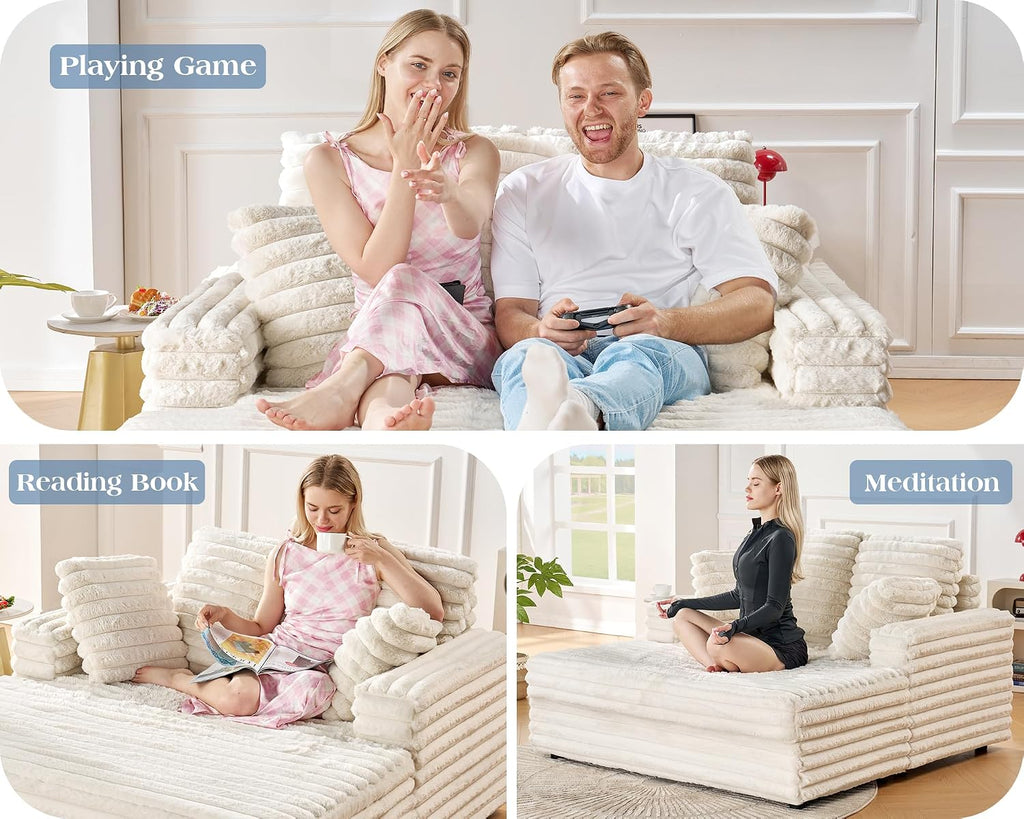 VanAcc 58 Inch Chaise Lounge Indoor, Upholstered Sofa Bed with Throw Pillows and Armrests, Sleeper Chair- Plush Chair Bed for Living Room, Off-White