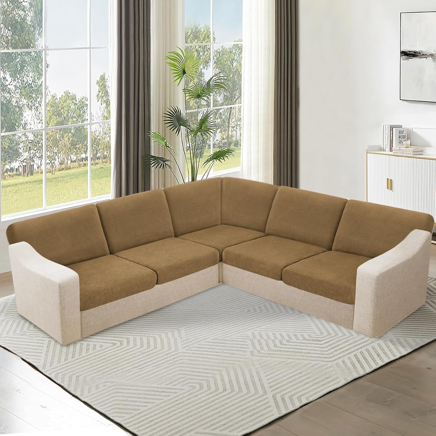 HDCAXKJ Waterproof Sectional Couch Cushion Covers 11 Pieces Stretch Jacquard L Shaped Corner Sofa Slipcover Back Cover Soft Sofa Seat Cushion Covers for Dogs Pet (5 Seater and 6 Backrest, Brown)