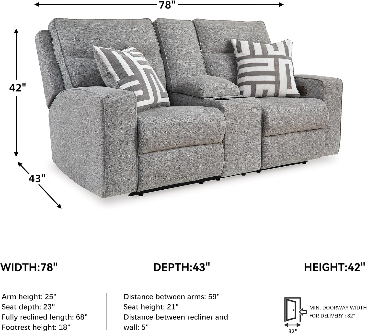 Signature Design by Ashley Biscoe Casual UV Resistant Power Reclining Loveseat with Console, Adjustable Headrest and USB Ports, Light Gray