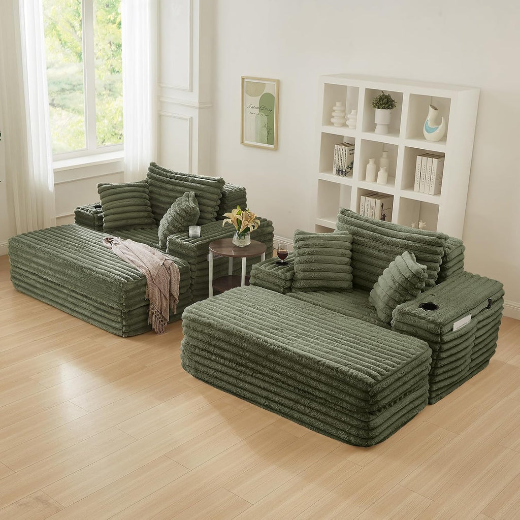 5-In-1 Oversized Chaise Lounge Chair Indoor with Ottoman,54.5'W Faux Fur Convertible Folding Sleeper Sofa Bed with Cup Holder&Side Pocket,Comfy Boneless Couch Sofa Chair for Living Room,Bedroom(Green)