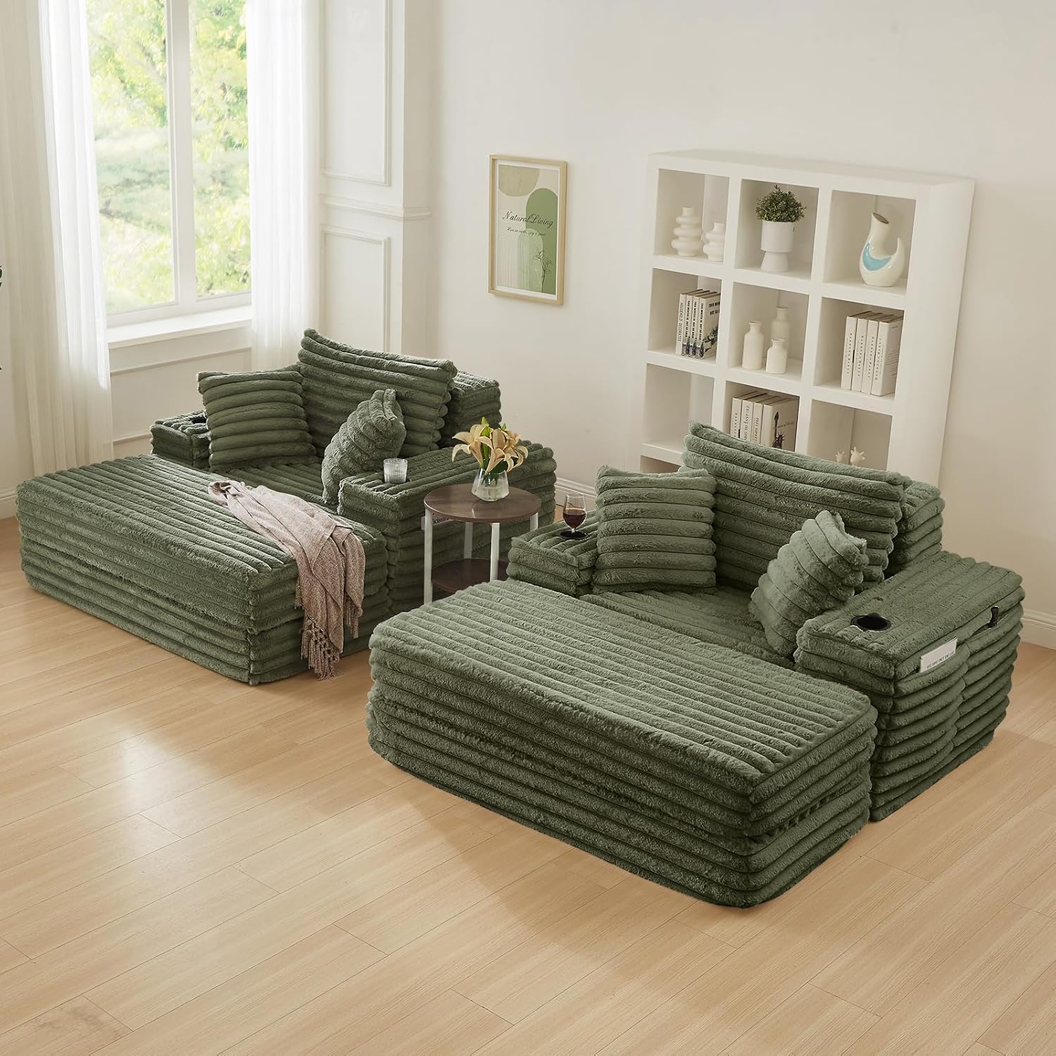 5-In-1 Oversized Chaise Lounge Chair Indoor with Ottoman,54.5'W Faux Fur Convertible Folding Sleeper Sofa Bed with Cup Holder&Side Pocket,Comfy Boneless Couch Sofa Chair for Living Room,Bedroom(Green)