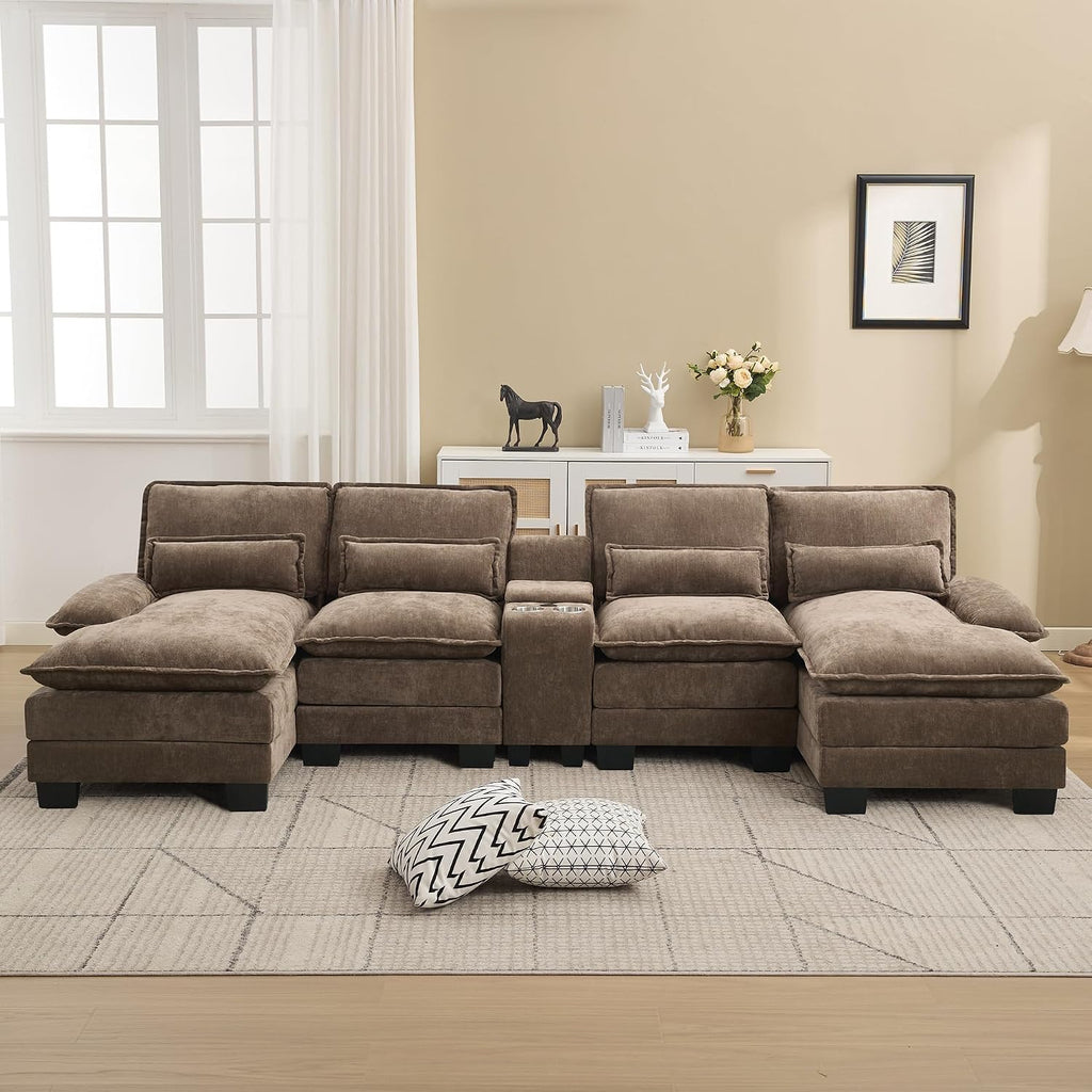 125'' U Shaped Cloud Modular Sofa with Chaise Lounges, Chenille Upholstered Comfy Sectional Couch with Storage Console, USB Charging Ports & Cup Holders, Small Deep Seat Sofa for Living Room, Brown