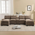 125'' U Shaped Cloud Modular Sofa with Chaise Lounges, Chenille Upholstered Comfy Sectional Couch with Storage Console, USB Charging Ports & Cup Holders, Small Deep Seat Sofa for Living Room, Brown