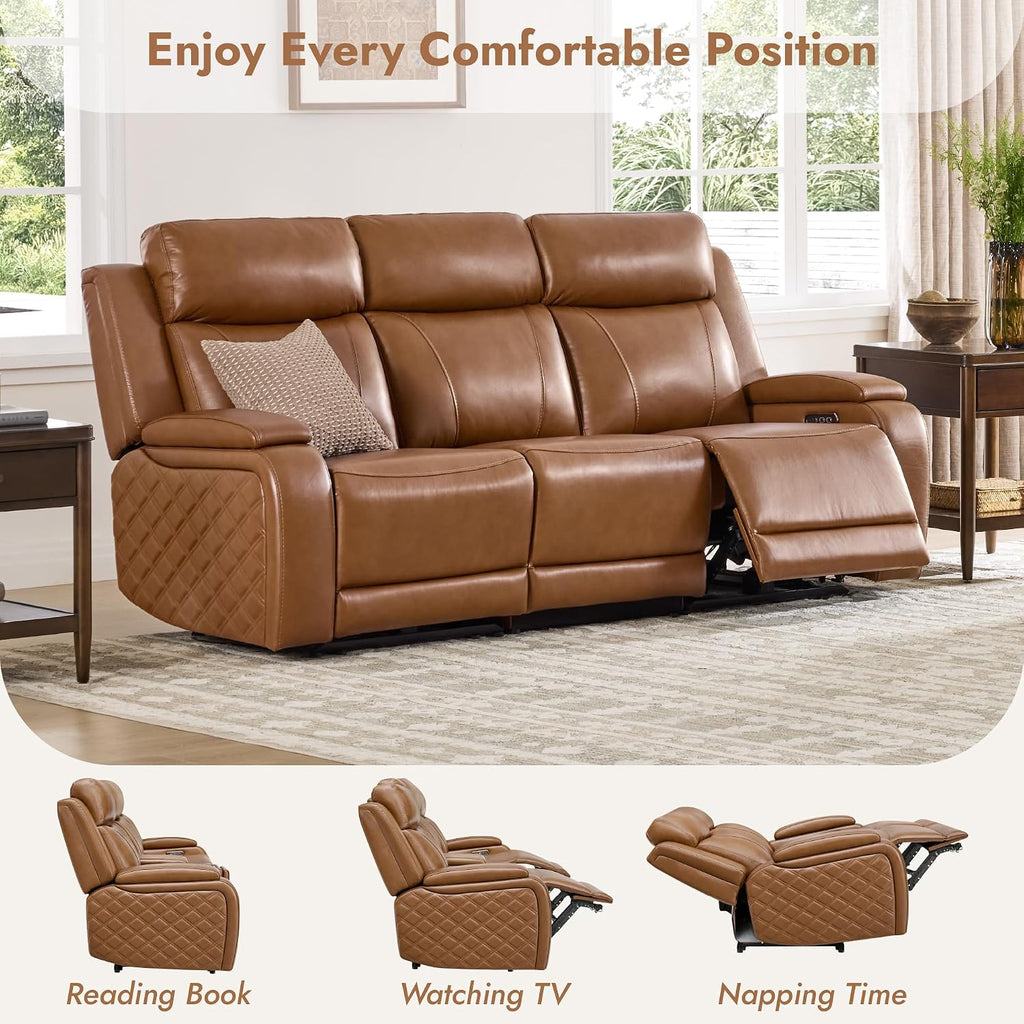 Watson & Whitely Genuine Leather Power Recliner Sofa, 3 Seater Zero Gravity Reclining Couch with Power Headrest & Flip Middle Backrest Table, Hidden Storage, Cup Holders for Living Room, Saddle Brown
