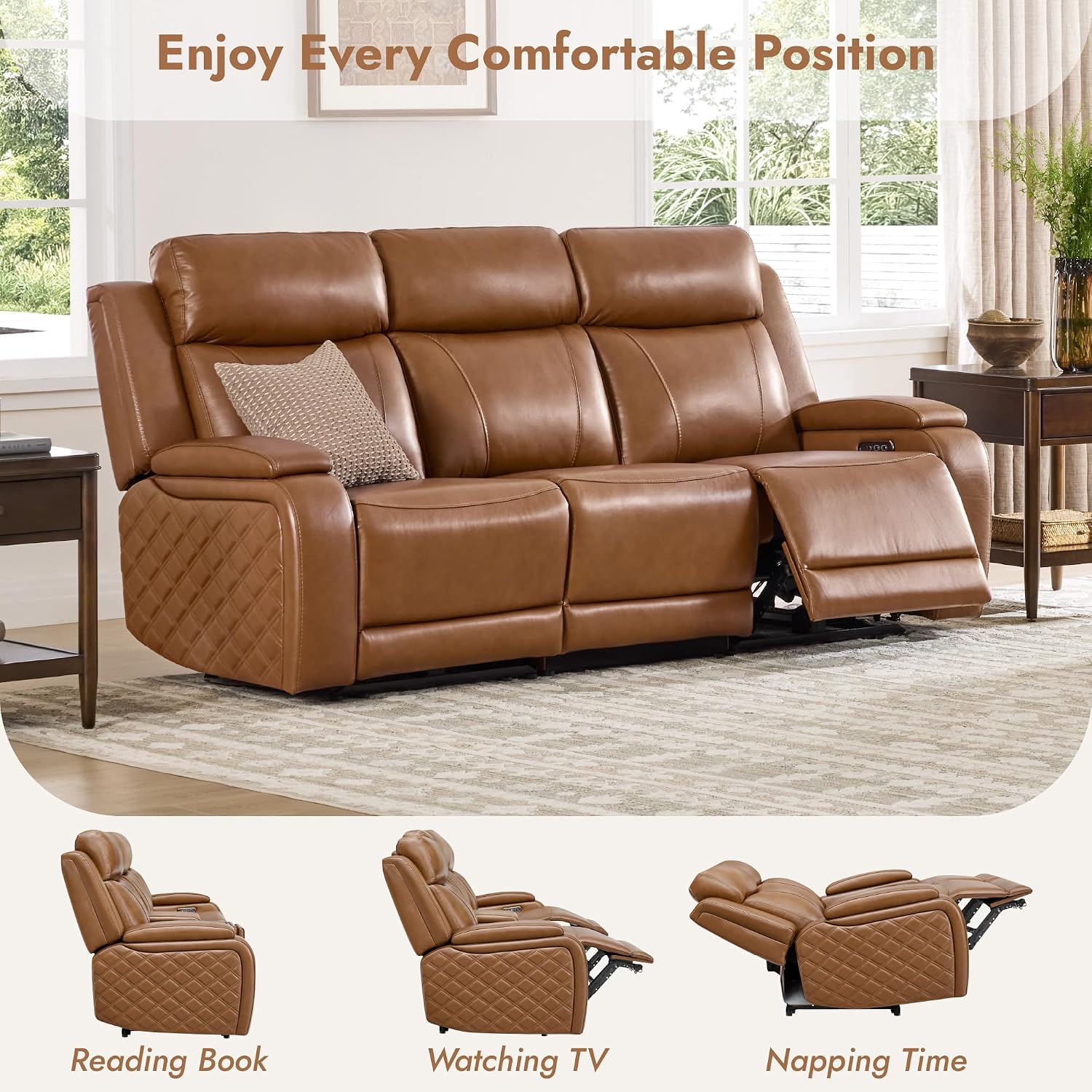 Watson & Whitely Genuine Leather Power Recliner Sofa, 3 Seater Zero Gravity Reclining Couch with Power Headrest & Flip Middle Backrest Table, Hidden Storage, Cup Holders for Living Room, Saddle Brown