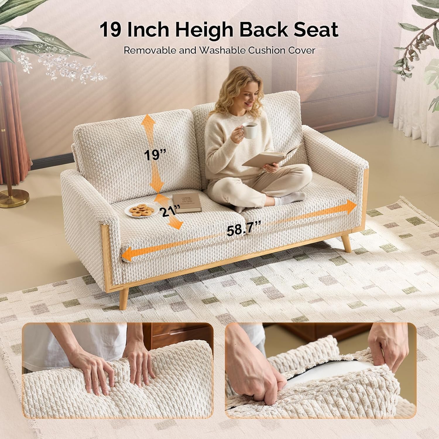 VINGLI 68' W Comfortable Mid Century Loveseat, Two Seater Sofa with Spring Support & Solid Wood Frame, Corduroy Fabric Small Couch for Living Room, Small Space, Bedroom, White