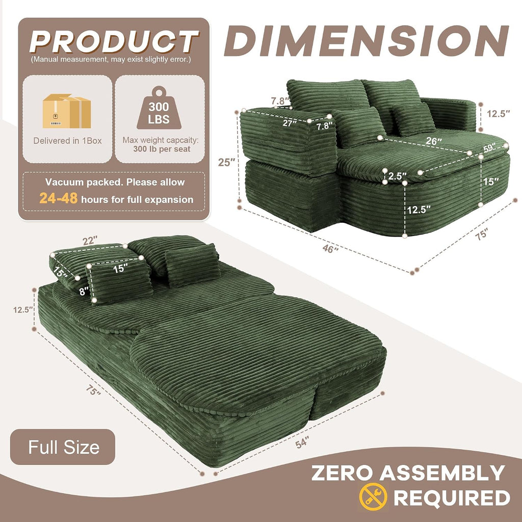 75'' Folding Sleeper Sofa Bed, Convertible Memory Foam Boneless Couch, Foldable Full Size Guest Bed, Modern 2-in-1 Futon Floor Sleeper Sofa with 4 Pillows and Blanket (Corduroy, Green)