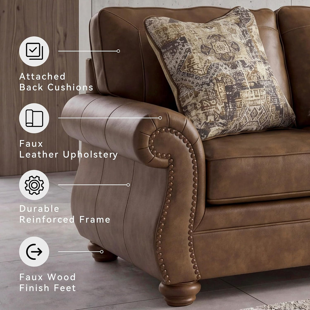 Signature Design by Ashley Shadsburne Rustic Faux Leather Sofa with Nailhead Trim and 2 Throw Pillows, Brown
