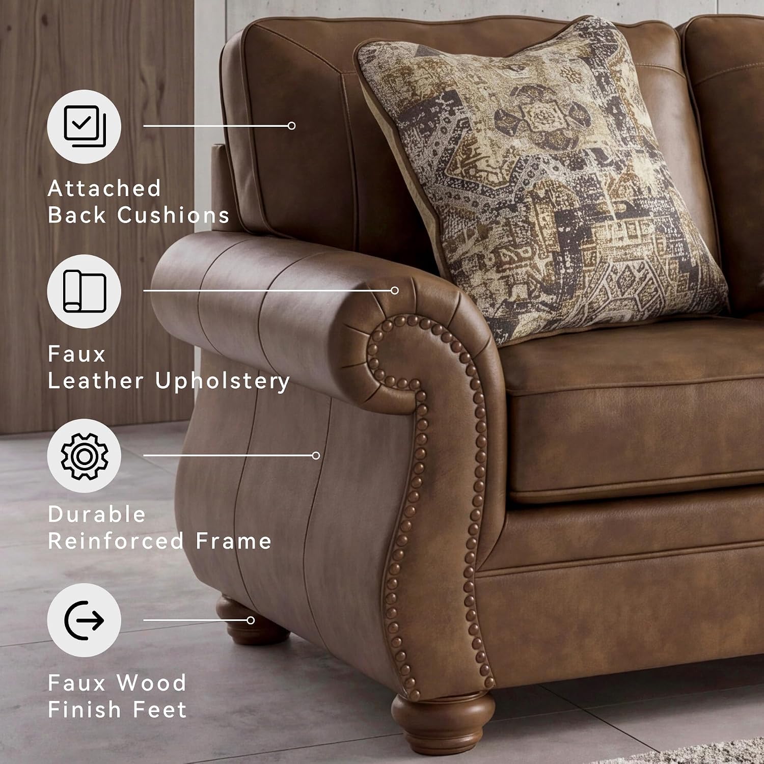 Signature Design by Ashley Shadsburne Rustic Faux Leather Sofa with Nailhead Trim and 2 Throw Pillows, Brown