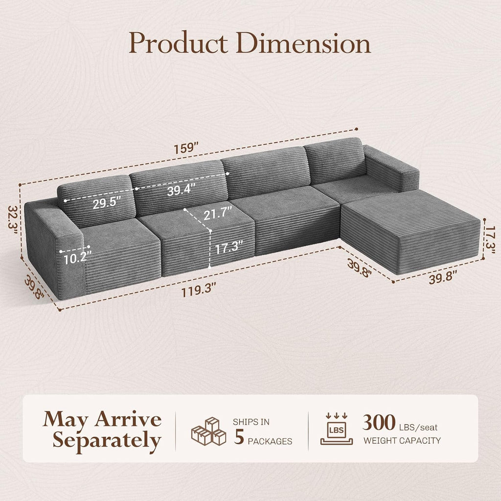 Vesgantti 159' Large Modular Sectional Sofa, L-Shaped Corduroy Cloud Couch with Deep Seats & Spring Support, 4-Seater Boneless Sofa with Movable Ottoman, No Assembly Needed, Grey