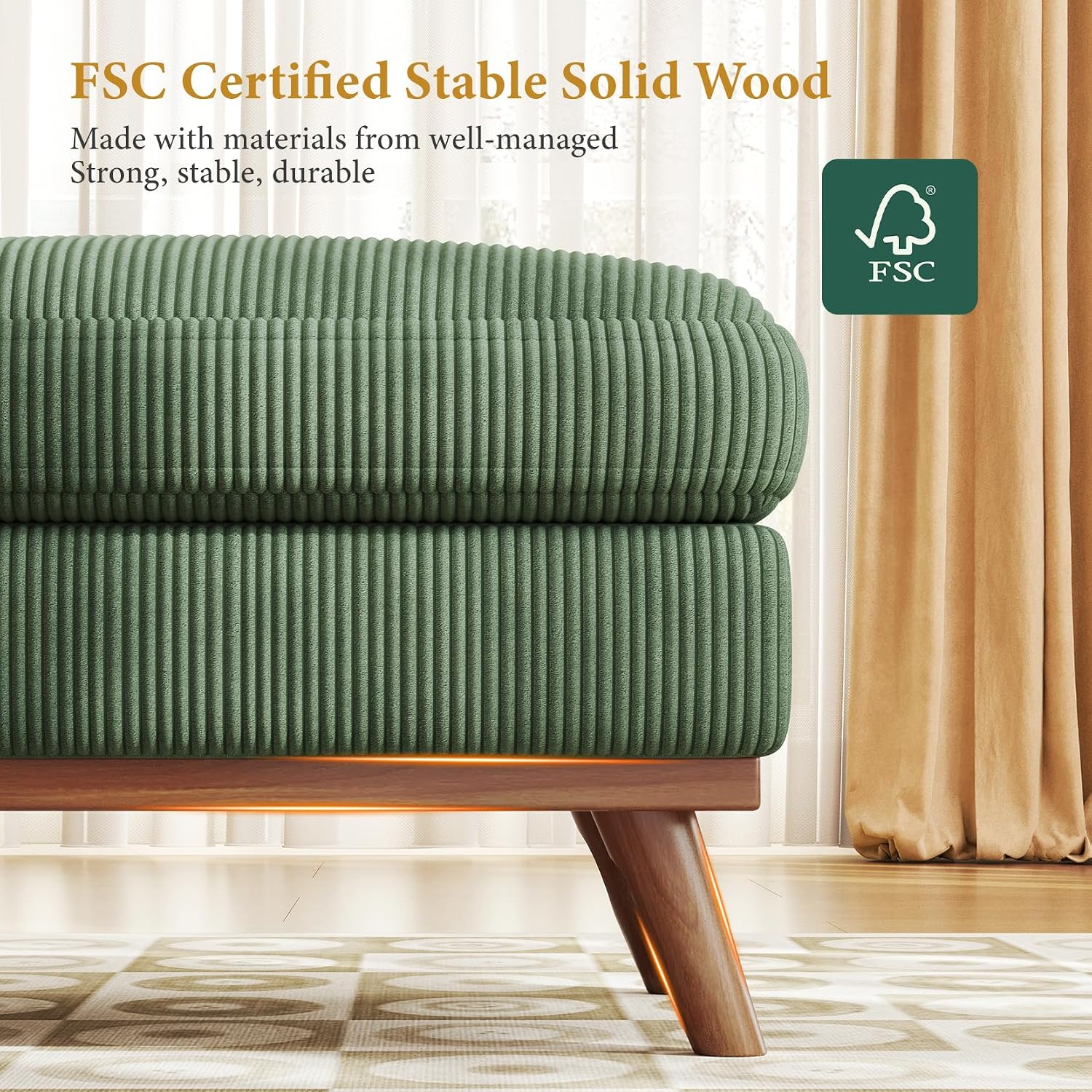 Vesgantti Large Ottoman for Modular Sofa, 29.5' Corduroy Pouf Ottoman with Spring Cushion, Rectangle Foot Rest for Couch, Entrance Footstool with Wood Legs, Footstool for Living Room, Bedroom, Green