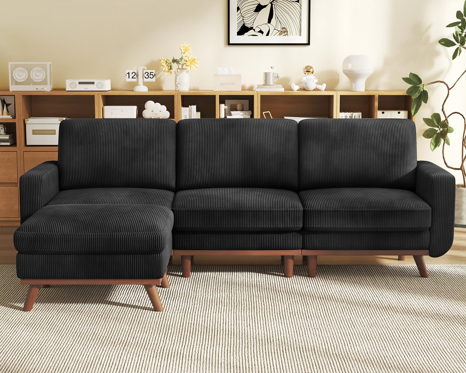 Vesgantti 97' Modular Sectional Sofa Black, L-Shaped Couch with Movable Ottoman, Comfy Corduroy Couch with Spring Cushion, Modular Sofa with Deep Seat for Living Room, Bedroom and Apartment