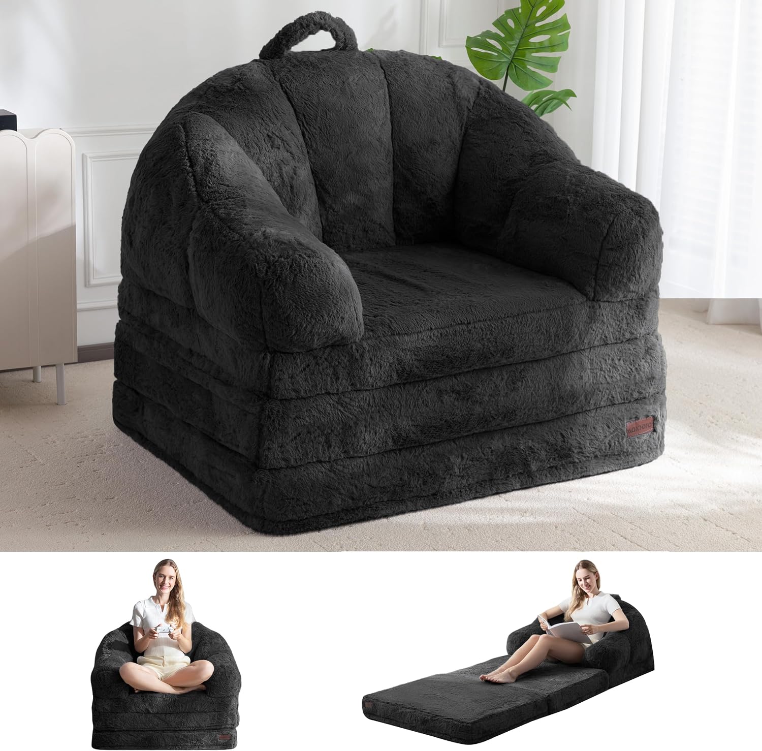 MAXYOYO Folding Sofa Bed, 2 in 1 Convertible Sofa to Lounger Comfy Single Bean Bag Chair for Adults, Floor Sleeper Couch with Handle, Faux Fur Couch Bed for Living Room Bedroom, Black