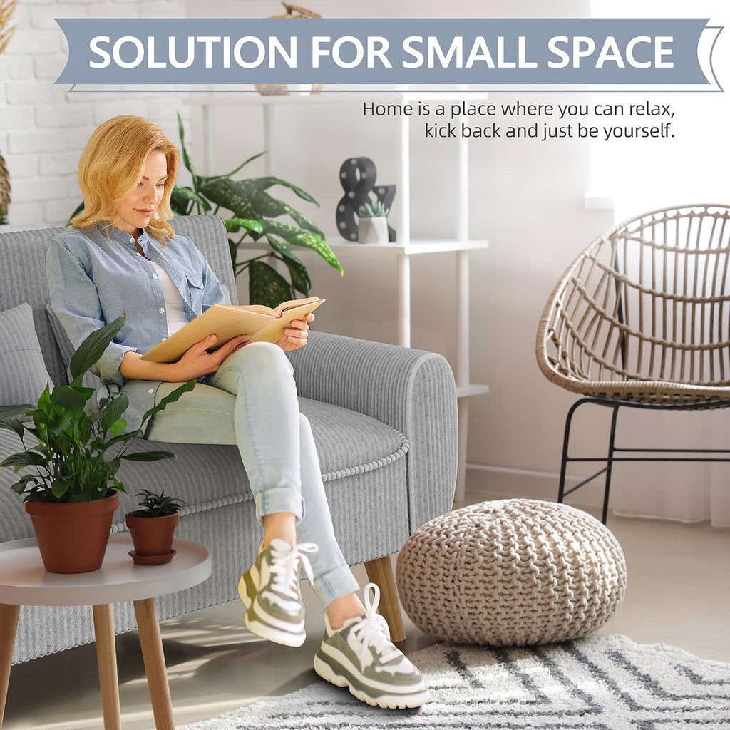 Shintenchi 48'' Loveseat Sofa, Mid-Century Modern Upholstered Couch Deep Seat with 2 Pillows, 10' Thick Cushion with Spring, Solid Wood Frame Small Couch for Living Room, Dorms & Office, Light Grey