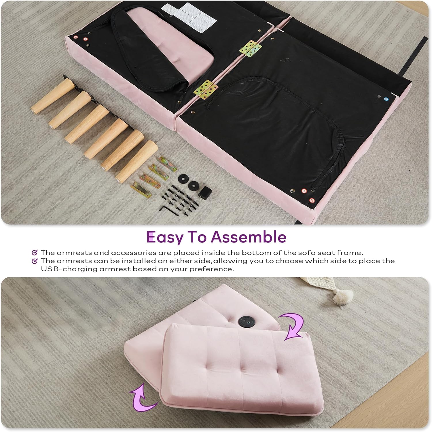 TYBOATLE 65' W Velvet Modern Convertible Folding Futon Couch Sofa Bed w/ 2 USB Charging Ports and arms, Loveseat for Compact Living Space, Dorm, Game Studio, Bonus Room, Apartment, Bedroom (Pink)