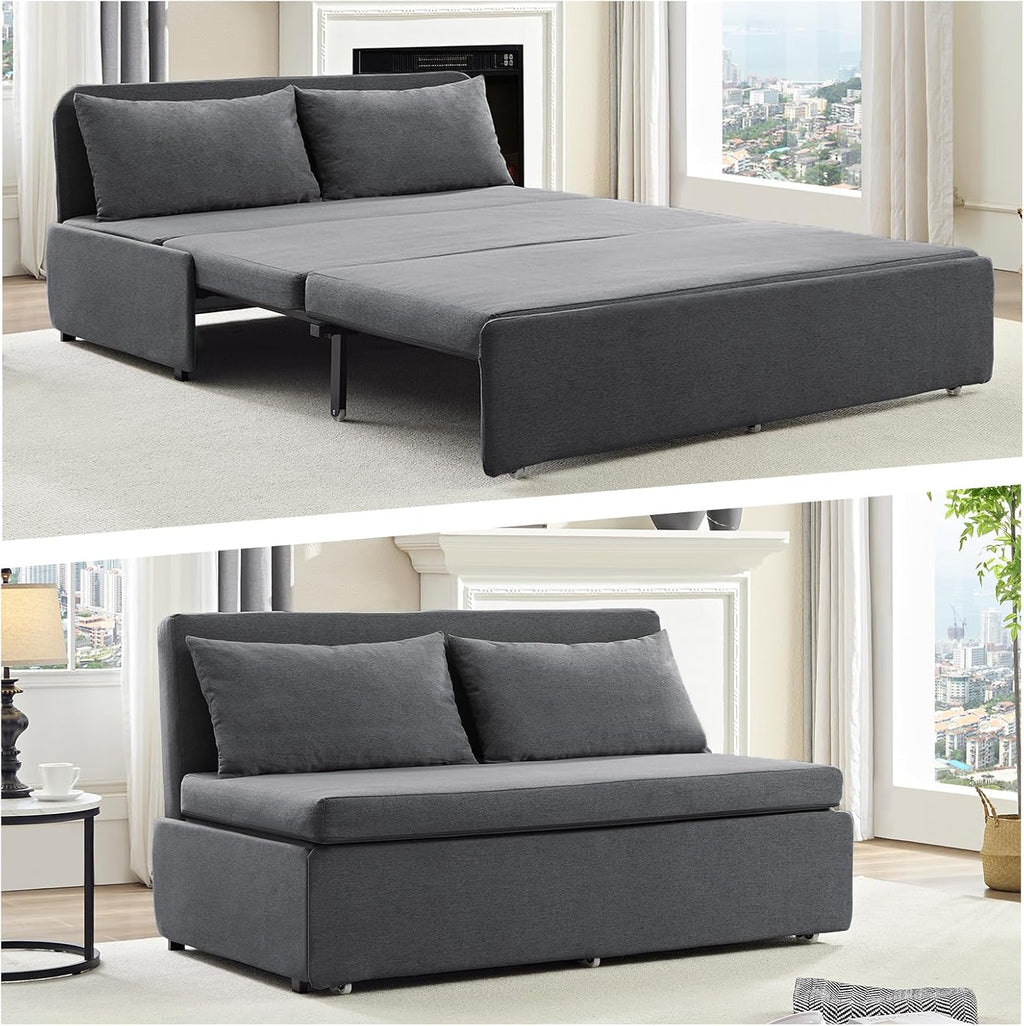 CECER 64.2' Queen Size Pull Out Sofa Bed, Pull Out Couch Bed with 2 Pillows, Linen Convertible Sleeper Sofa with Comfy Mattress, 2 in 1 Armless Loveseat Sleeper for Living Room-Dark Grey