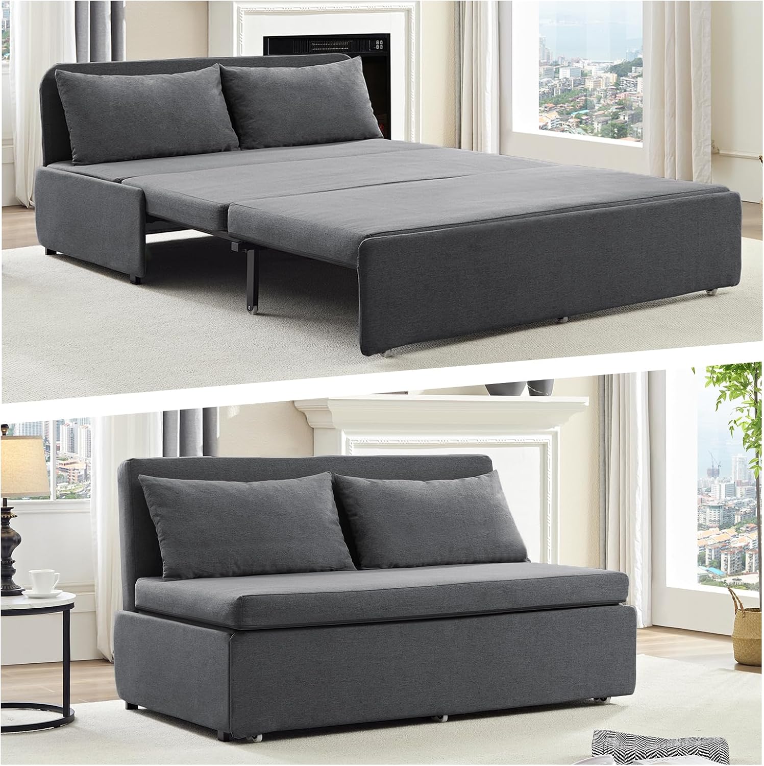 CECER 64.2' Queen Size Pull Out Sofa Bed, Pull Out Couch Bed with 2 Pillows, Linen Convertible Sleeper Sofa with Comfy Mattress, 2 in 1 Armless Loveseat Sleeper for Living Room-Dark Grey