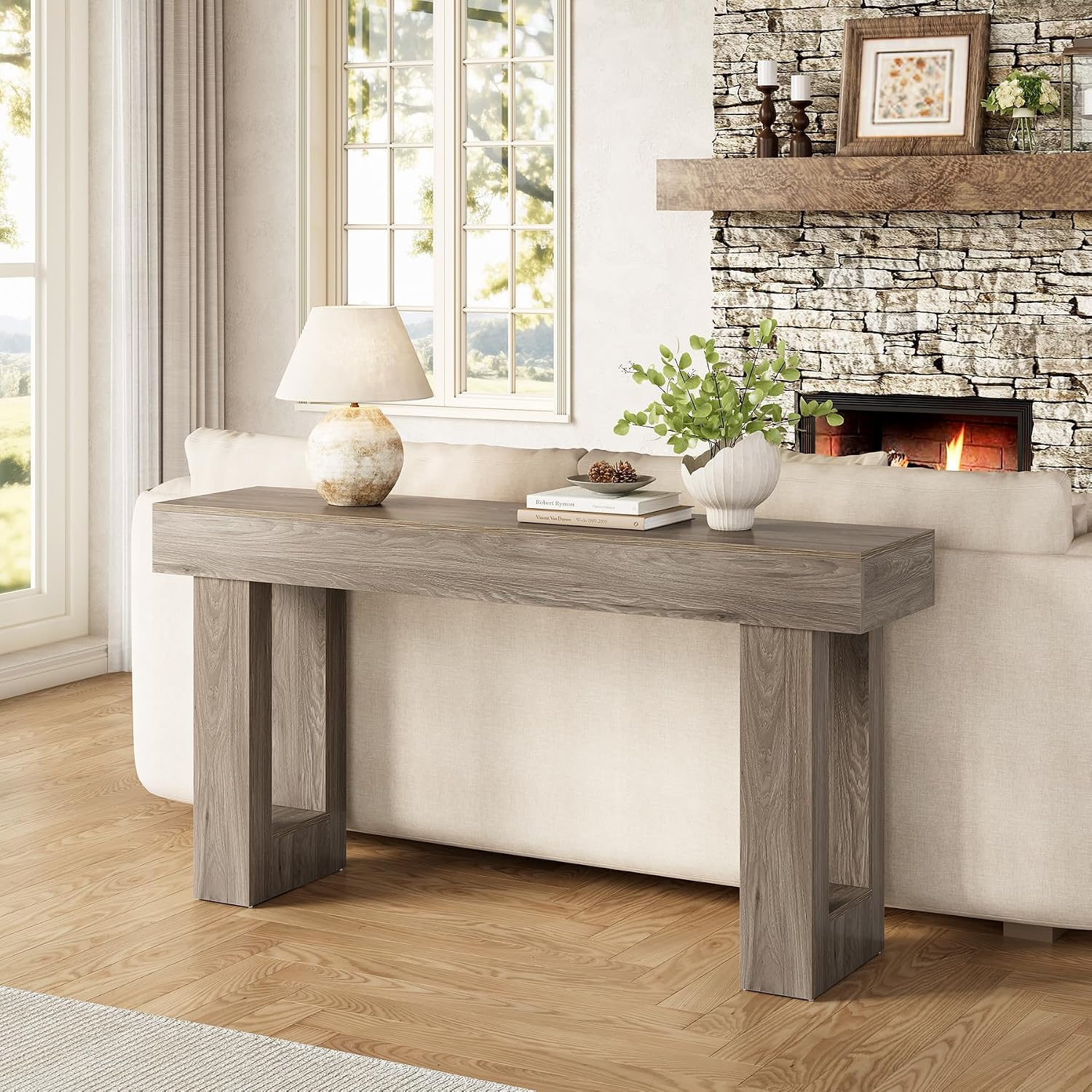 LITTLE TREE 63-Inch Long Console Tables for Entryway, Large Sofa Table Behind Couch, Grey Wooden Entry Foyer Hallway Table, Industrial Console Sofa Tables for Living Room