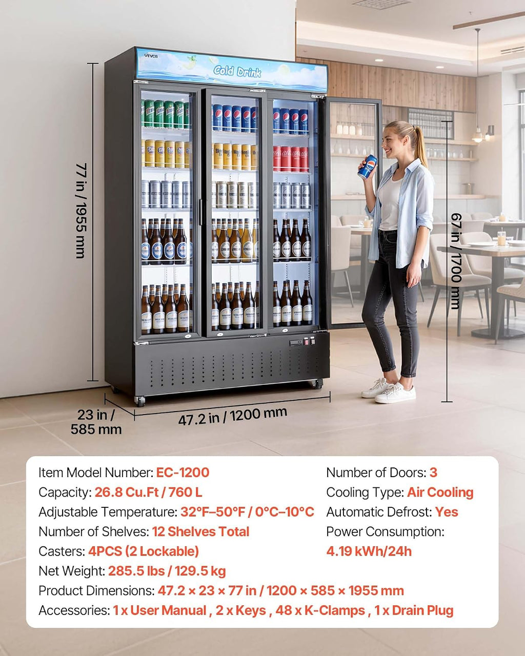 VEVOR Commercial Merchandiser Refrigerator, 26.8 Cu.Ft / 760L Upright Beverage Cooler, 3 Glass Door Display Refrigerator with Customizable Lightbox, 12 Adjustable Shelves, Soft LED Lighting & Casters