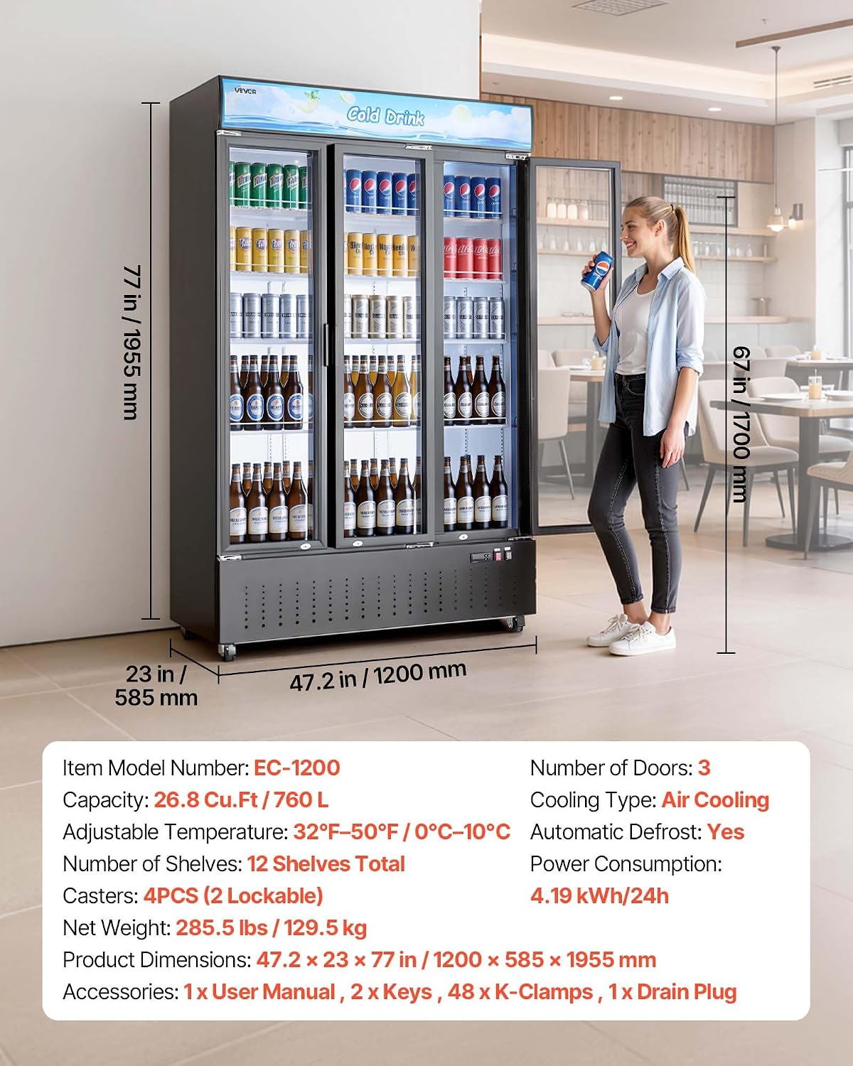 VEVOR Commercial Merchandiser Refrigerator, 26.8 Cu.Ft / 760L Upright Beverage Cooler, 3 Glass Door Display Refrigerator with Customizable Lightbox, 12 Adjustable Shelves, Soft LED Lighting & Casters