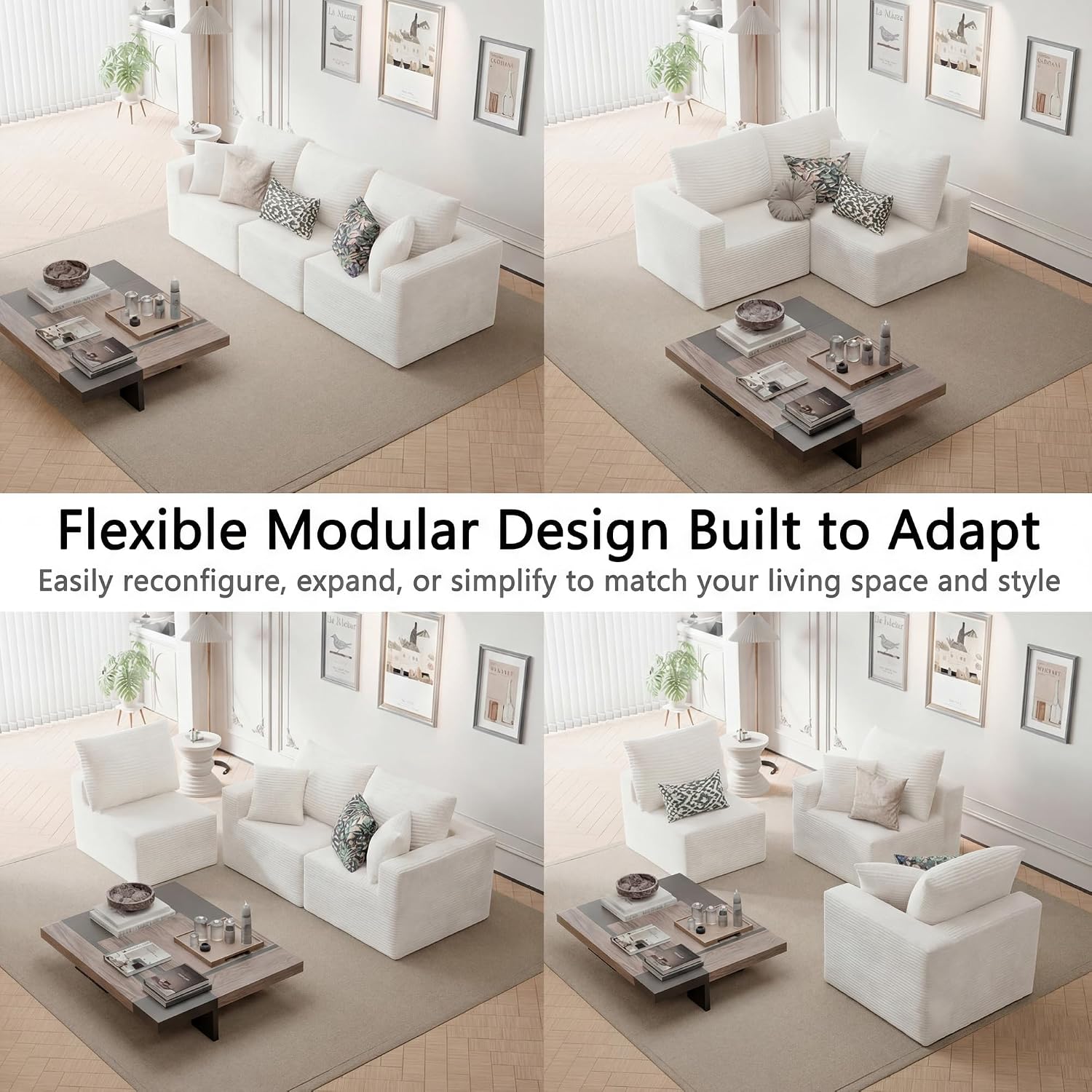 Homall Sectional Couches for Living Room, Modern Boneless Couch with Deep Seat, Upholstered Cloud Sofa, No Assembly Required (Beige, Three-Seater Sofa)