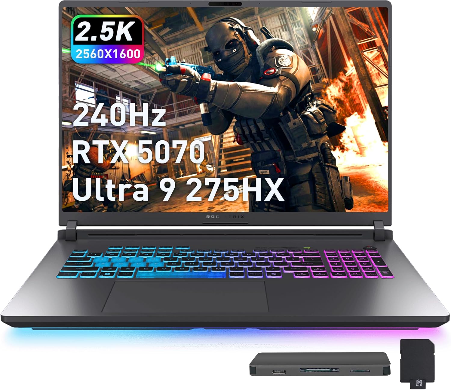 ASUS ROG Strix G18 18' WQXGA 240Hz Gaming Laptop, GeForce RTX 5070 8GB, Intel Ultra 9 275HX, 64GB DDR5, 5TB Storage (4TB SSD + 1TB Docking Station Set), Backlit Keyboard, IR Camera, Win 11, Gray