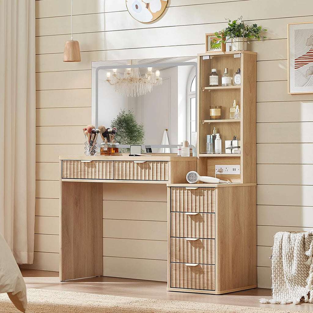 LEYAOYAO Vanity Desk with Mirror and Lights, 43.5'' Fluted Makeup Vanity with 6 Drawers and Adjustable Shelves, Glass Top Make Up Vanity, Girls Wood Dressing Table with Power Outlet for Bedroom