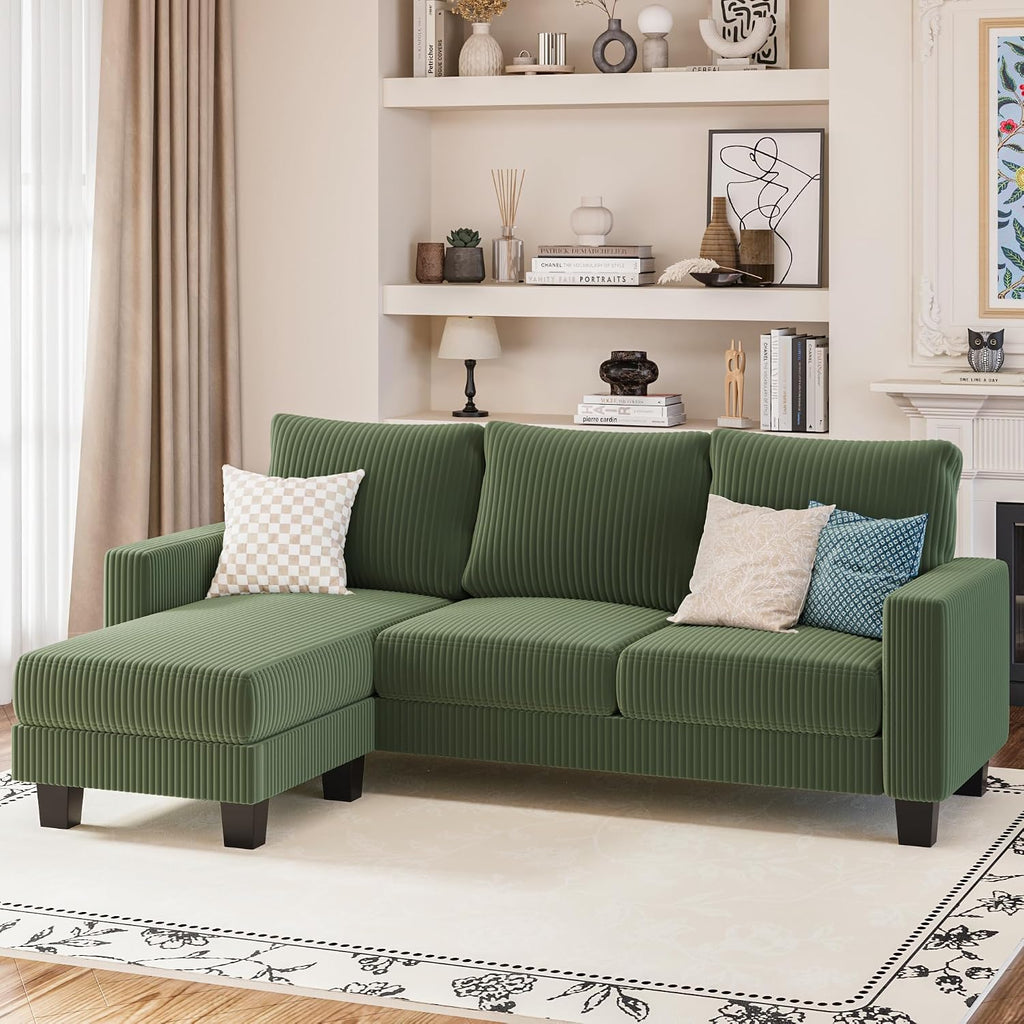 YESHOMY Convertible Sectional Couch, Couches with Mobile Ottoman, Small Sofa L-Shaped 3 Seater with Corduroy Fabric for Living Room, Apartment and Office, 70', Olive Green