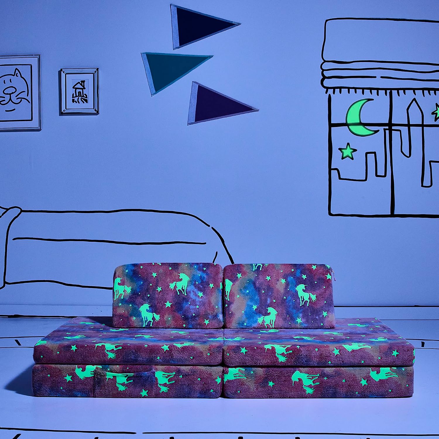 YOURIGAMI Kids and Toddler Play Couch, Convertible Folding Sofa, Durable Foam Modular Design, Glow in The Dark Unicorn