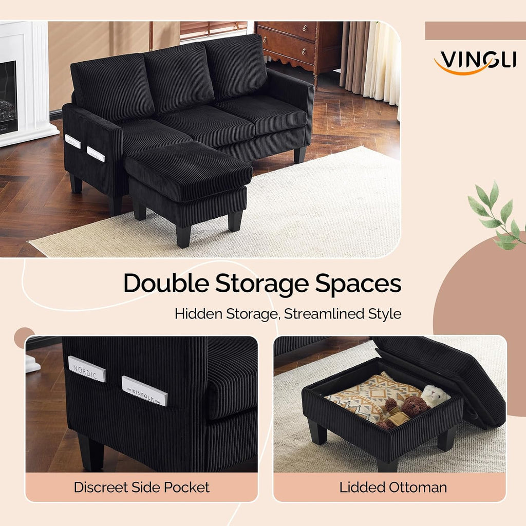 VINGLI 68.5' L Shaped Couch with Movable Storage Ottoman, Convertible Sectional Sofa in Soft Corduroy Fabric, Modern Reversible Chaise Couch for Small Spaces, Apartment, Living Room，Black