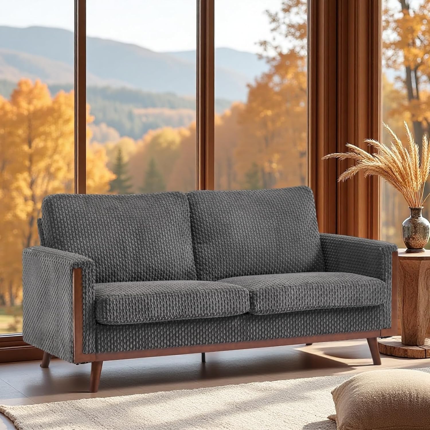 VINGLI 68' W Comfy Mid Century Loveseat, Two Seater Sofa with Spring Support & Solid Wood Frame, Corduroy Fabric Small Couch for Living Room, Small Space, Bedroom, Grey