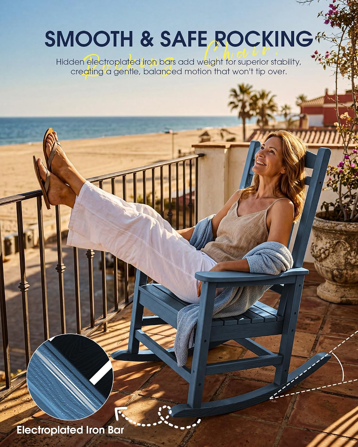 KINGYES Oversized HDPE Patio Rocking Chair Set of 2, Outdoor Rocking Chairs Porch Rocker for Adults, Navy