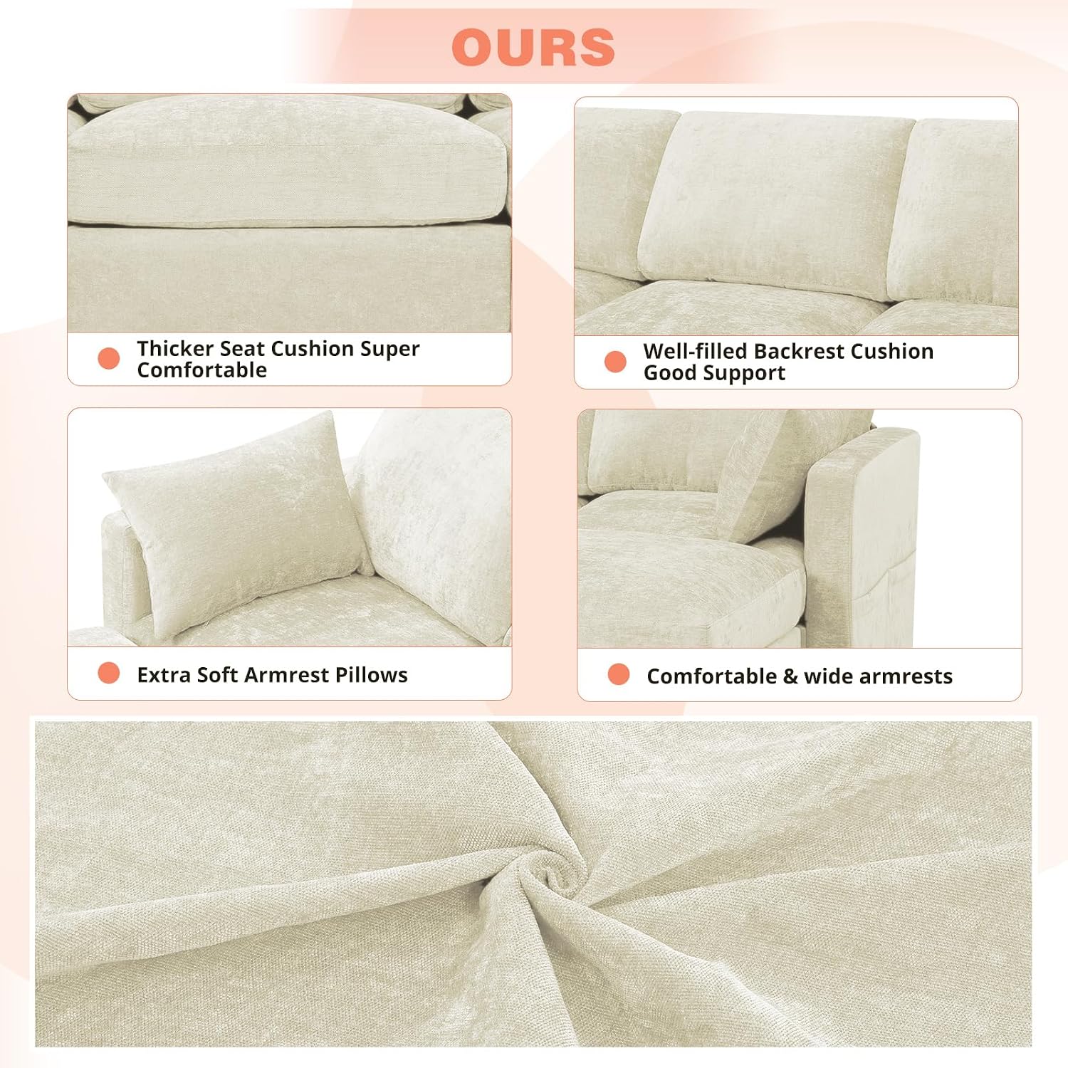 84' Chenille 3 Seats Sofa W/Movable Ottoman, Modern Fabric L-Shaped Couch with Soft Backrest, Upholstered Sectional Sofa with Armrest Pillows for Living Room, Office, Beige