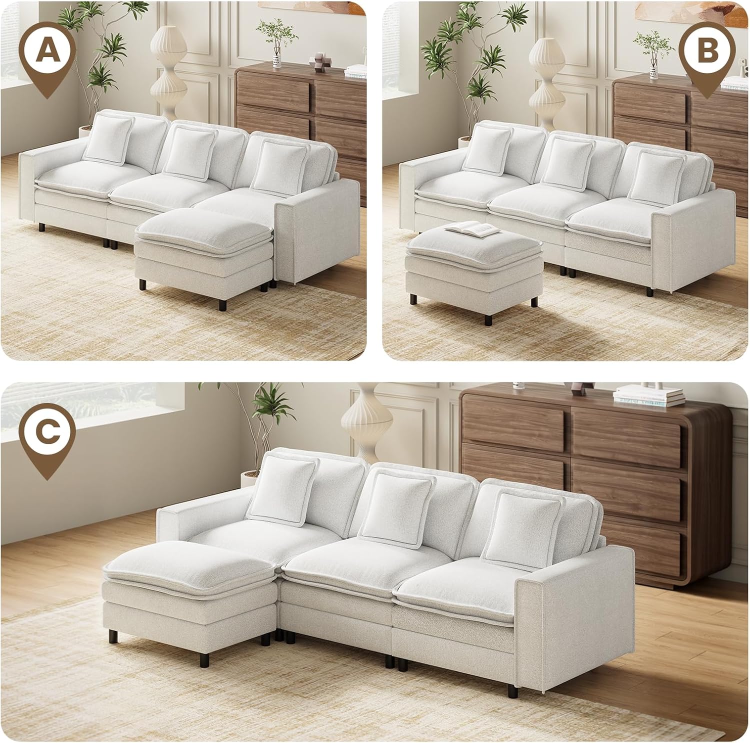 MALOL Modular Sectional Sofa 107', Comfy Cloud Couch with Ottoman, Deep 4-Seat L Shaped Modular Sofa, Couches with Throw Pillows for Living Room, Beige