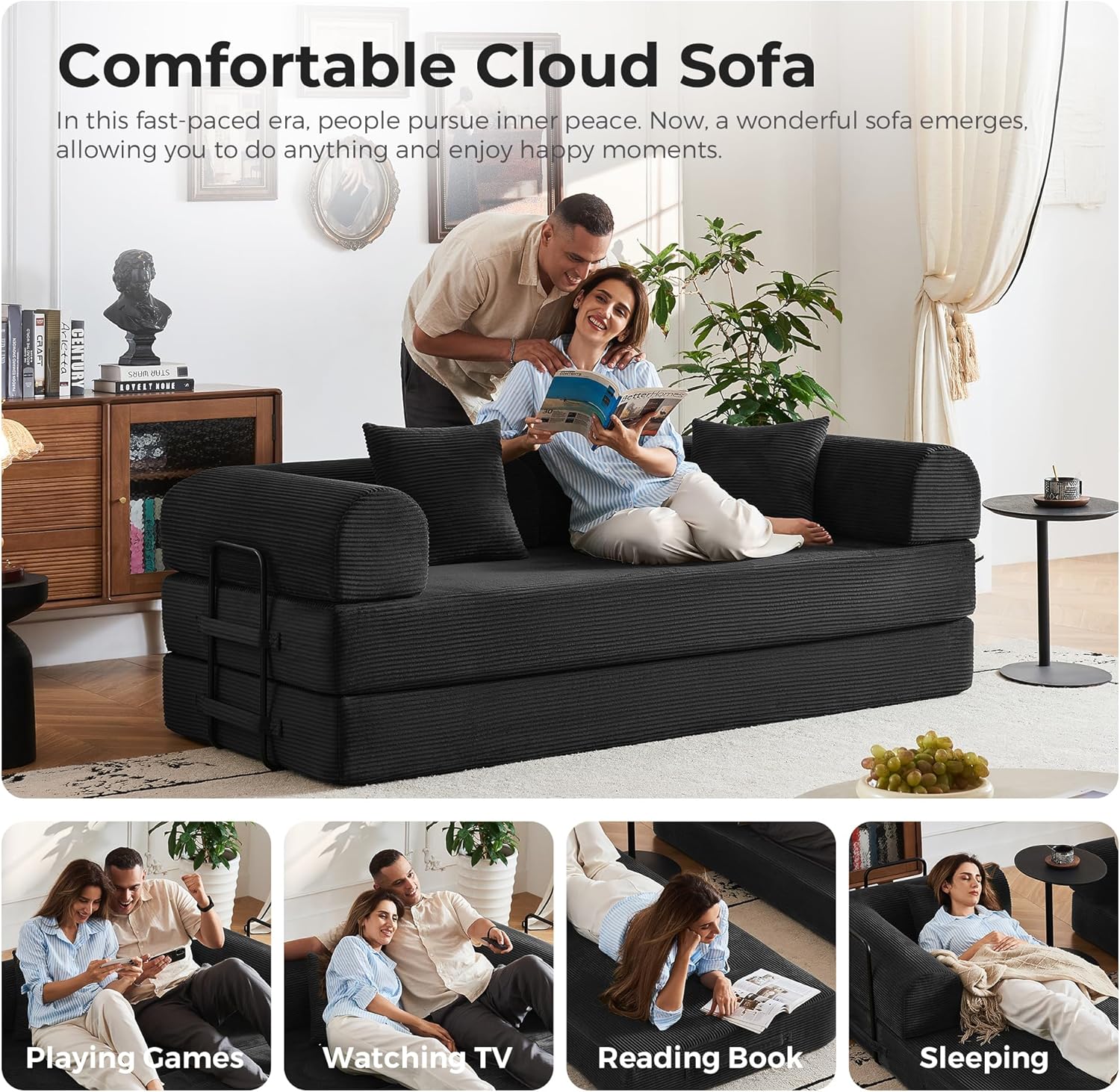 5-in-1 Convertible Sofa Bed No Assembly, 79' Fixed Steel Frame Sleeper with High-Resilience Foam, Corduroy Modular Couch Foldable for Small Space, Apartment, Studio (Black)