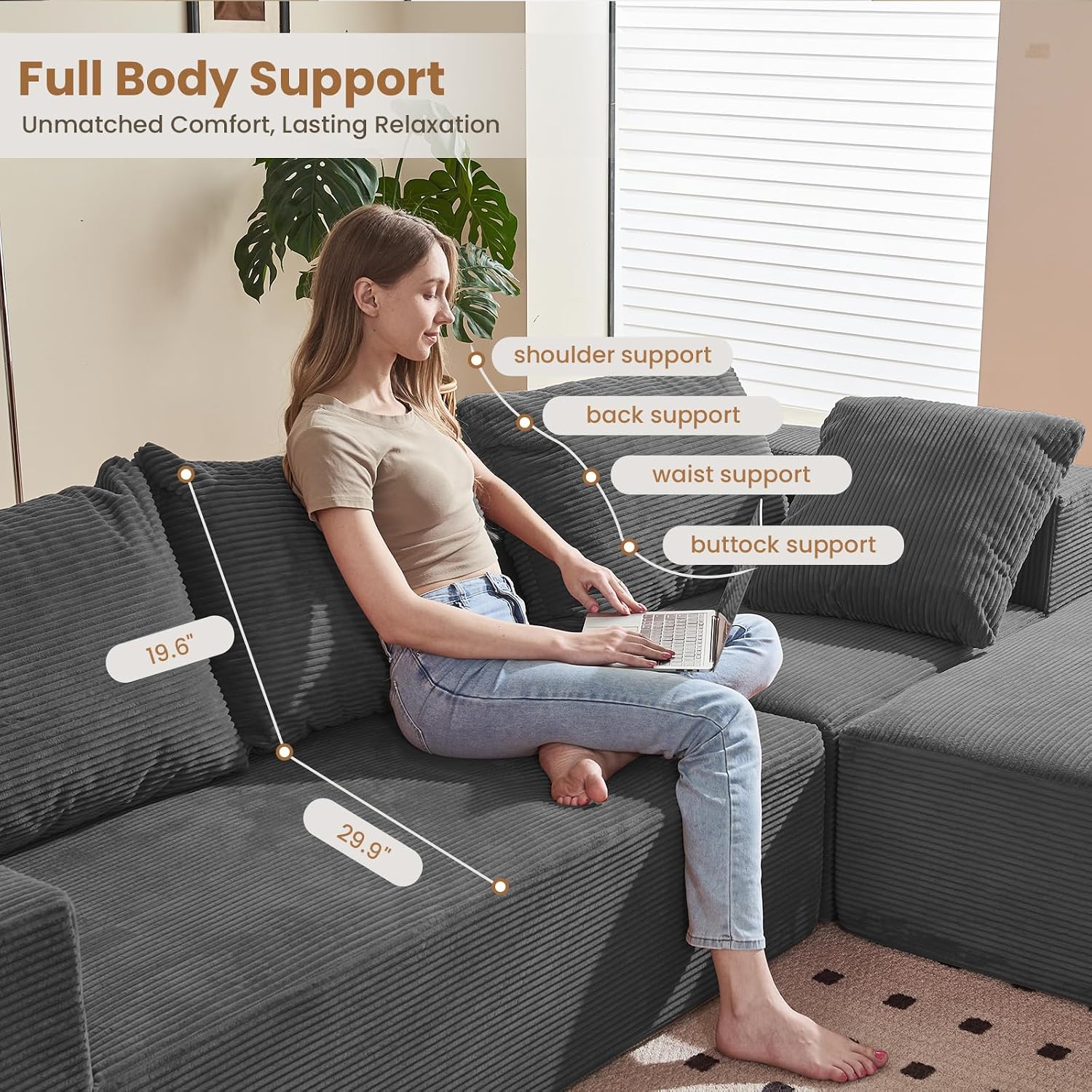 108' L-Shaped Boneless Couch, Modular Sectional Sofa with Moveable Ottoman, Corduroy Cloud Couches for Living Room, No Assembly, Ship in a Box, Ash Gray