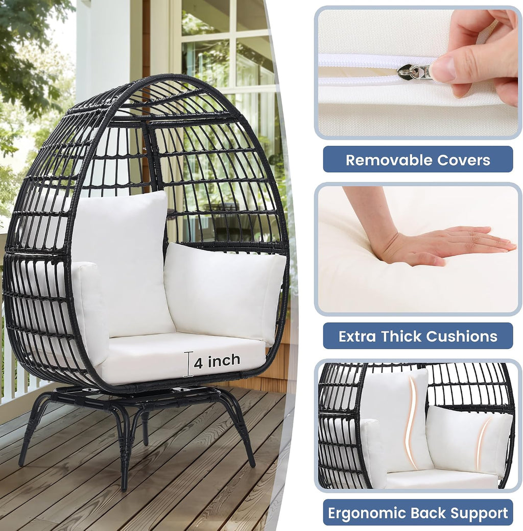 Murago Oversized 360° Swivel Rattan Egg Chair for Adult, Indoor Outdoor Patio Large Wicker Egg Chair with Overstuffed Cushions, 440lb Weight Capacity, Black Rattan with Beige Cushion