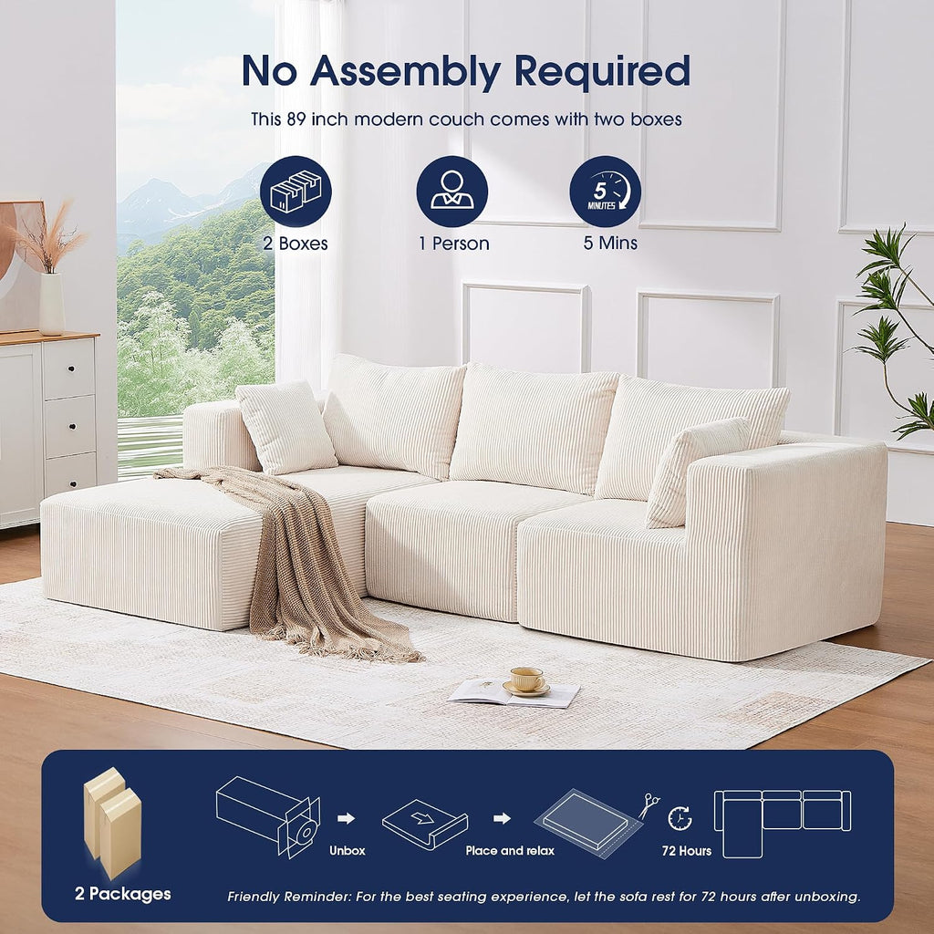 KINGYES Boneless Chaise Lounge Chair for Modular Sectional Sofa, L Shape Corduroy Upholstered Chaise Lounge for Living Room, Beige