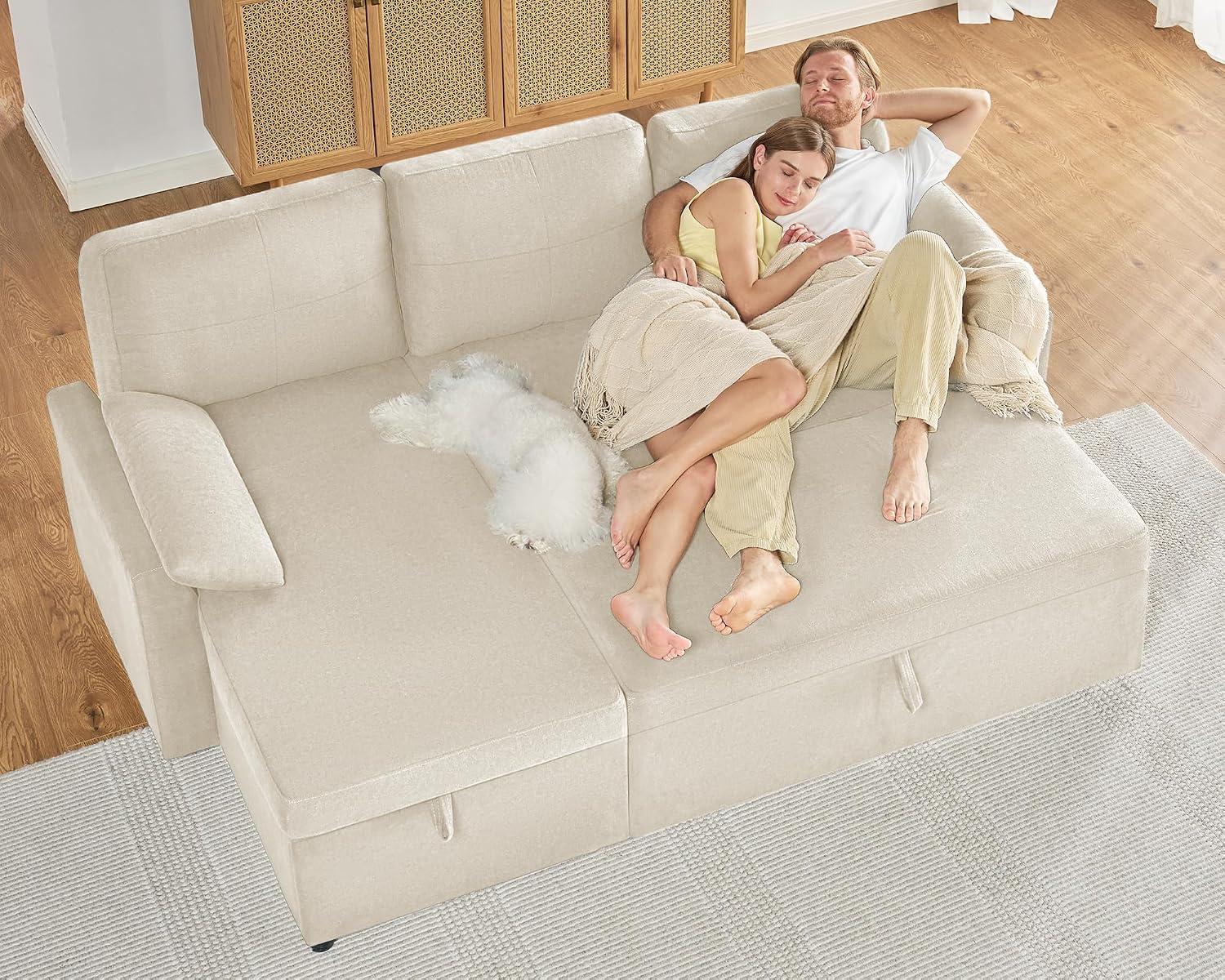 AMERLIFE Sofa Bed, 2-in-1 Sleeper Sofa with Storage Chaise, Pull Out Sofa Couch for Apartment Living Room, Linen Beige