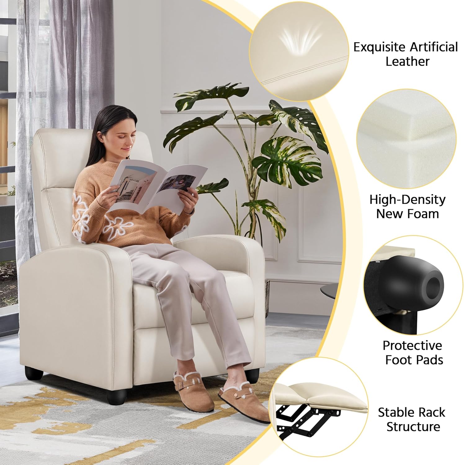 Yaheetech Recliner Chair PU Leather Recliner Sofa Home Theater Seating Adjustable Modern Single Reclining Chair Sofa with Pocket Spring Living Room Bedroom Beige